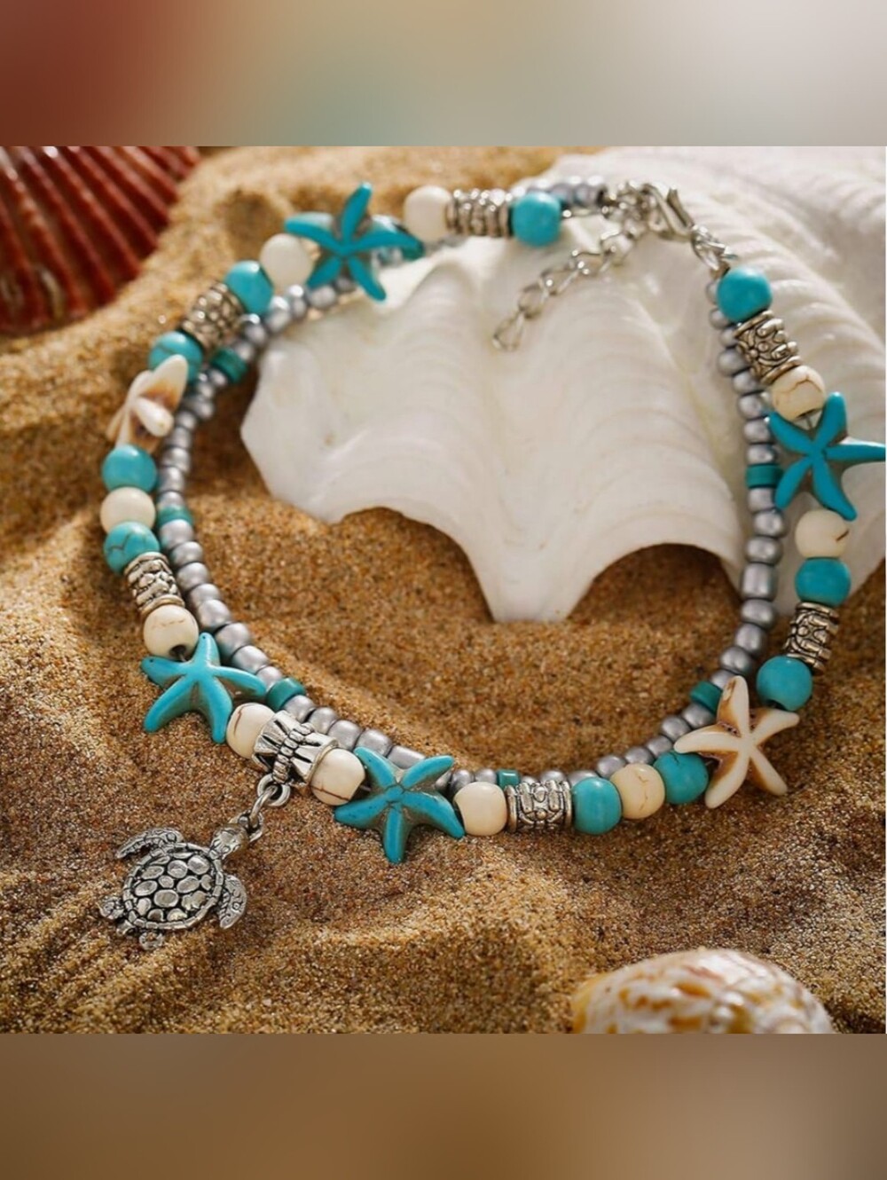 Bohemian Starfish and Sea Turtle Double-layered Beaded Anklet
